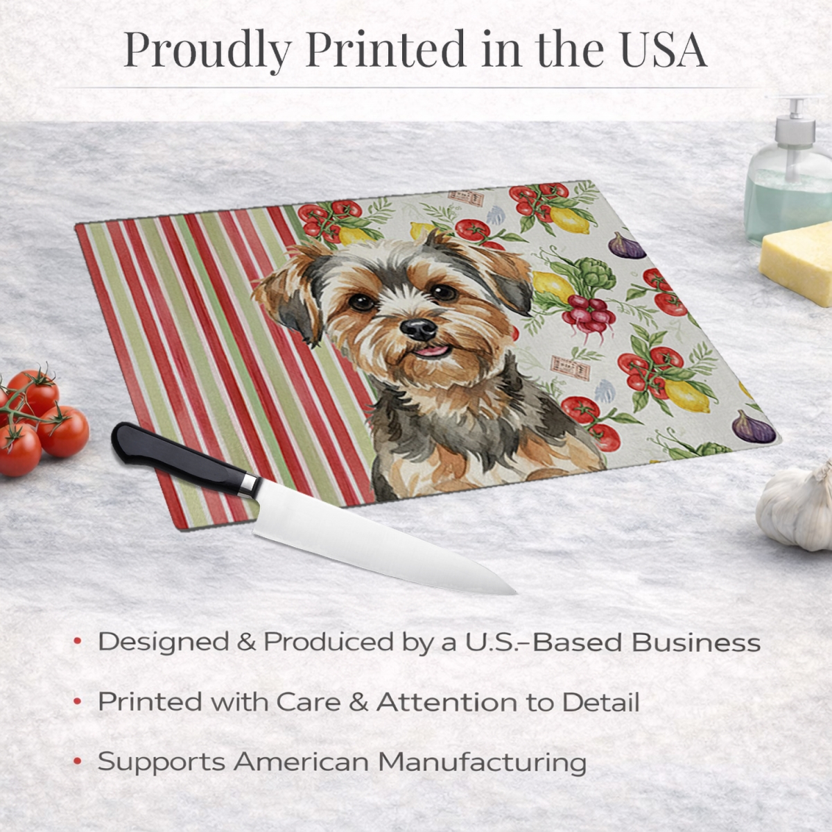 Picture of Carolines Treasures WDK8462LCB 11.25 x 15.25 in. Yorkiepoo Vegetables Glass Cutting Board