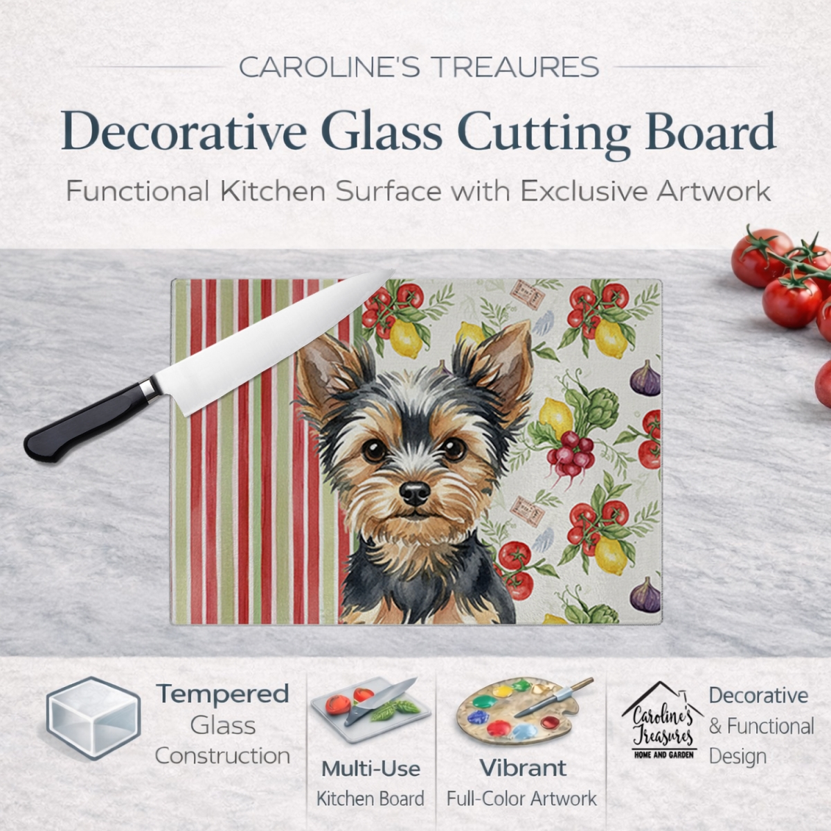 Picture of Carolines Treasures WDK8463LCB 11.25 x 15.25 in. Black & Tan Yorkshire Terrier Vegetables Glass Cutting Board