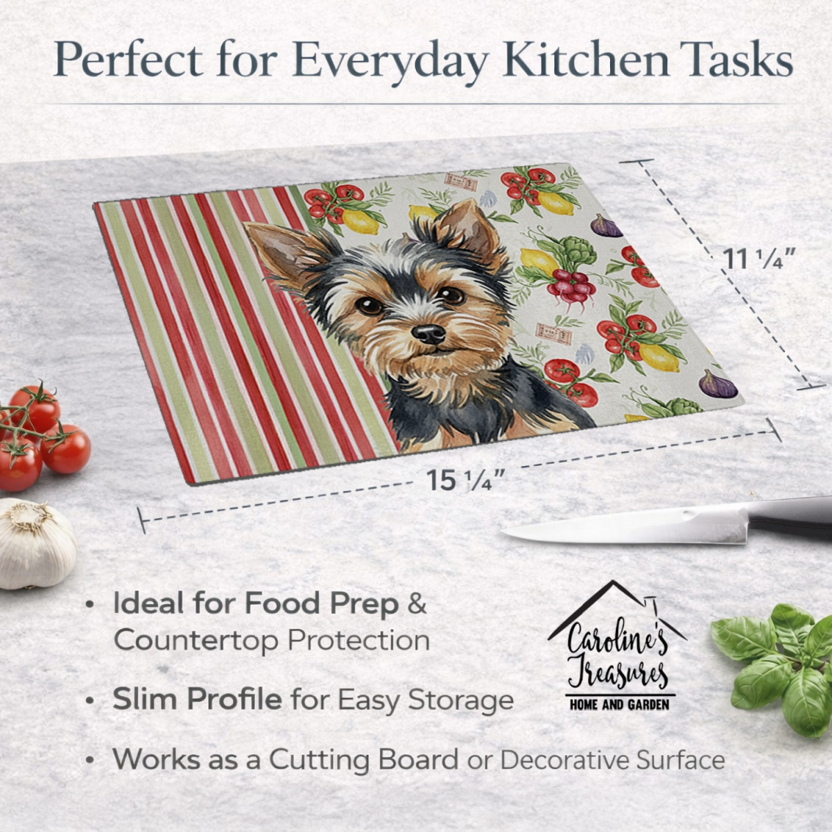 Picture of Carolines Treasures WDK8463LCB 11.25 x 15.25 in. Black & Tan Yorkshire Terrier Vegetables Glass Cutting Board