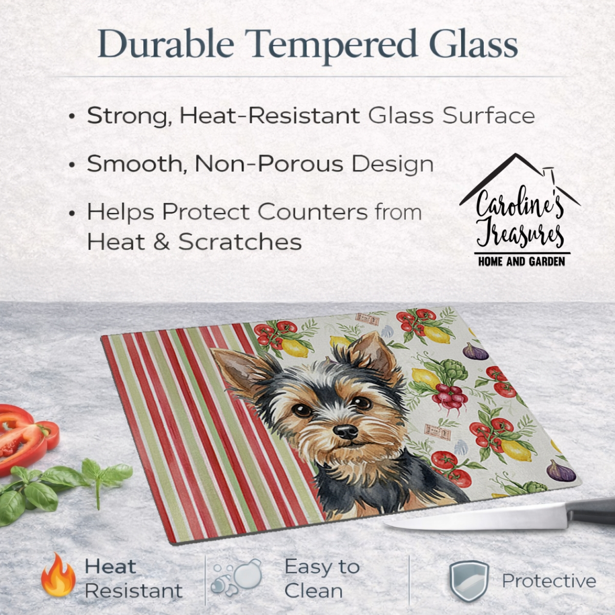 Picture of Carolines Treasures WDK8463LCB 11.25 x 15.25 in. Black & Tan Yorkshire Terrier Vegetables Glass Cutting Board