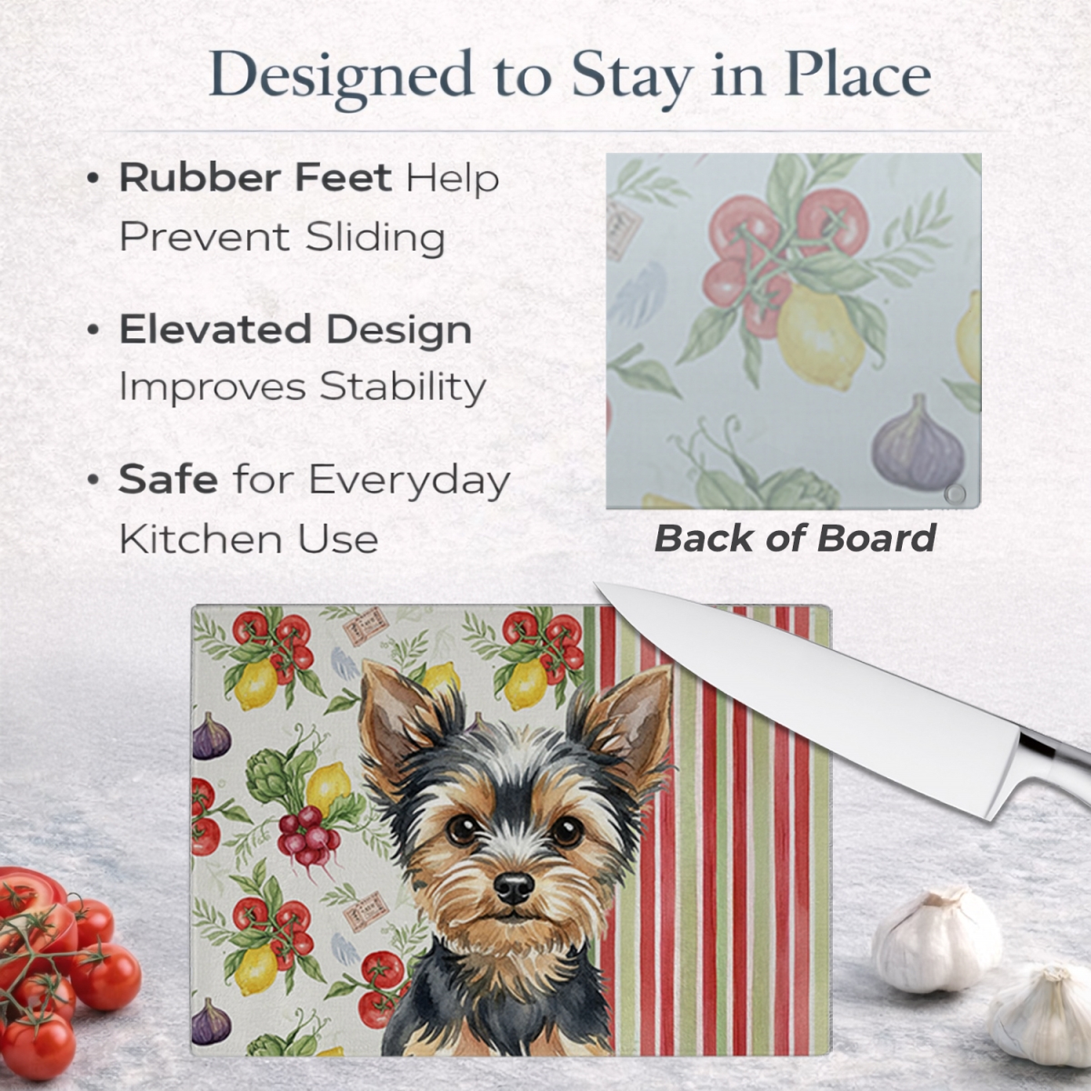 Picture of Carolines Treasures WDK8463LCB 11.25 x 15.25 in. Black & Tan Yorkshire Terrier Vegetables Glass Cutting Board