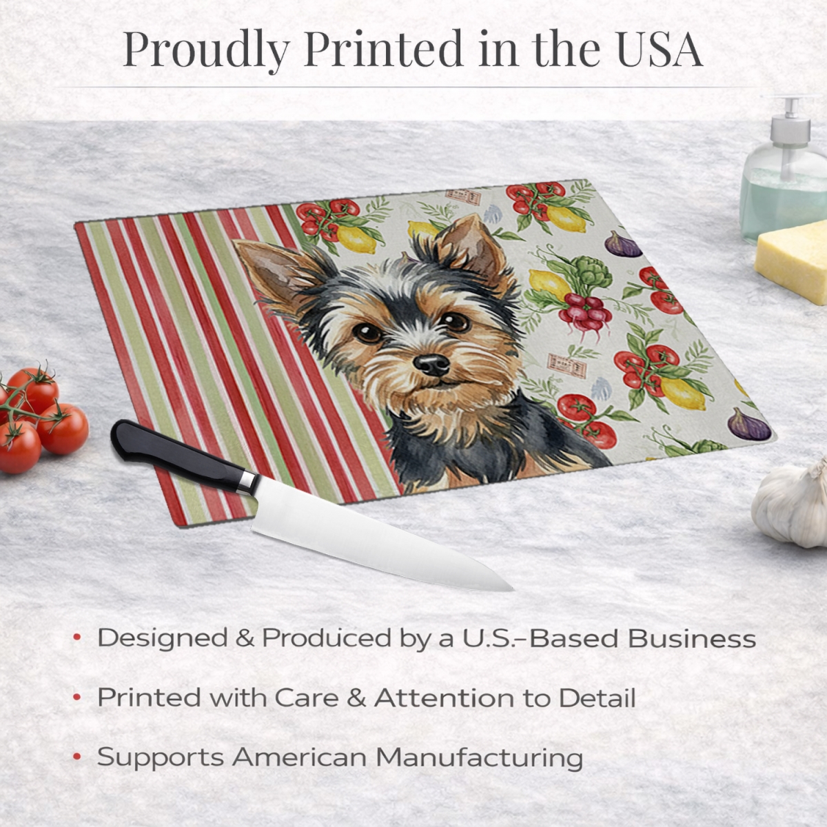 Picture of Carolines Treasures WDK8463LCB 11.25 x 15.25 in. Black & Tan Yorkshire Terrier Vegetables Glass Cutting Board