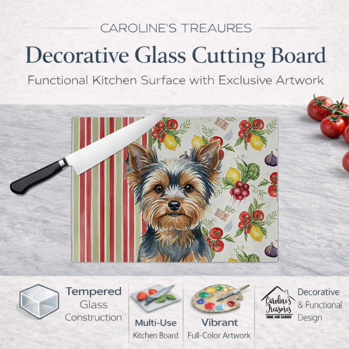 Picture of Carolines Treasures WDK8464LCB 11.25 x 15.25 in. Blue & Tan Yorkshire Terrier Vegetables Glass Cutting Board