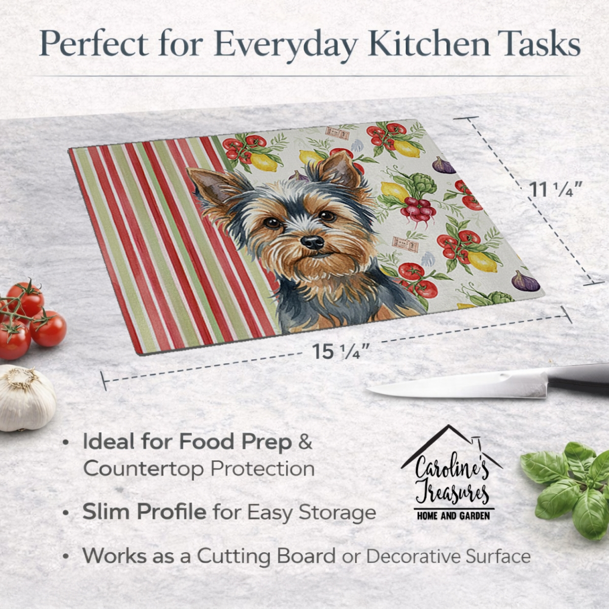 Picture of Carolines Treasures WDK8464LCB 11.25 x 15.25 in. Blue & Tan Yorkshire Terrier Vegetables Glass Cutting Board