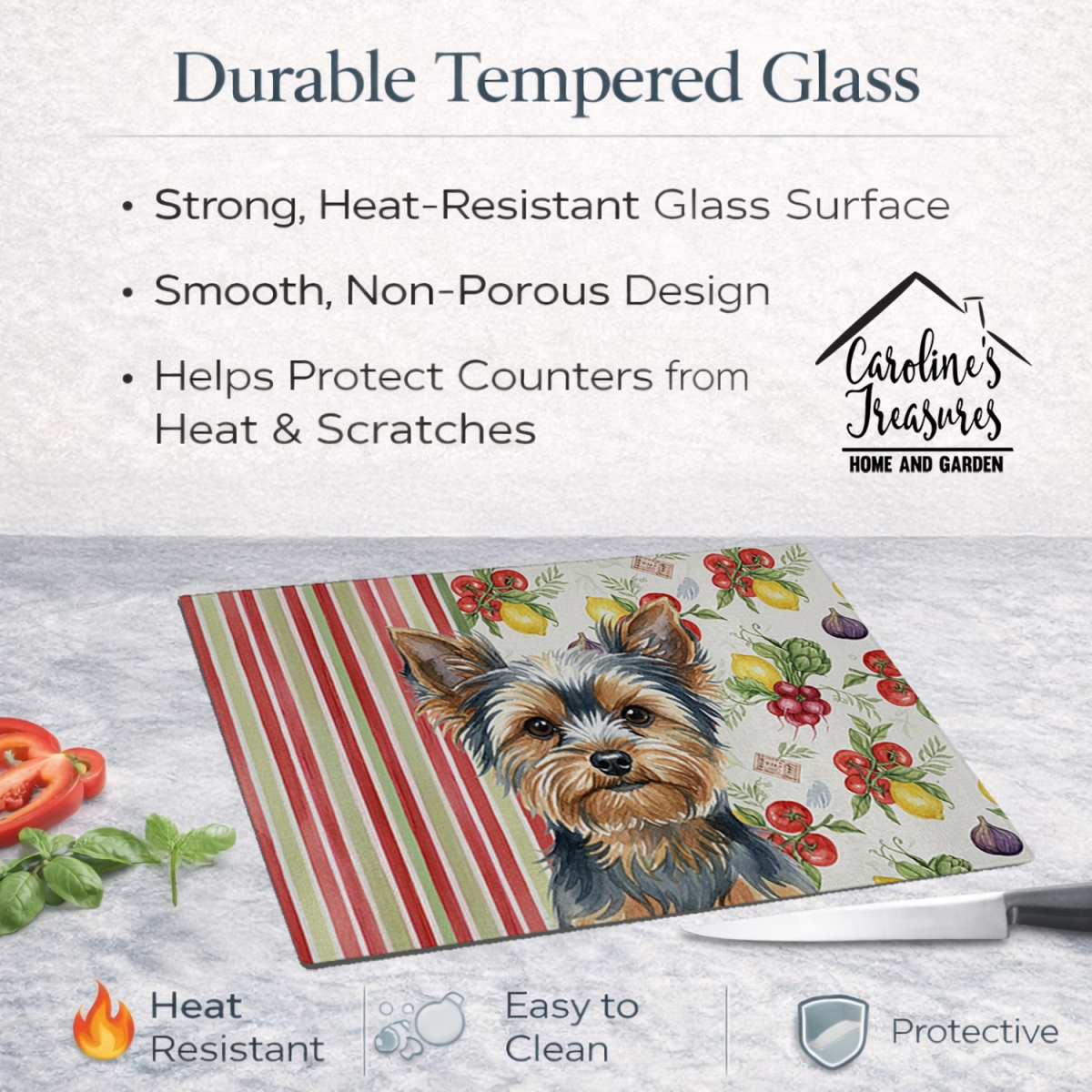 Picture of Carolines Treasures WDK8464LCB 11.25 x 15.25 in. Blue & Tan Yorkshire Terrier Vegetables Glass Cutting Board