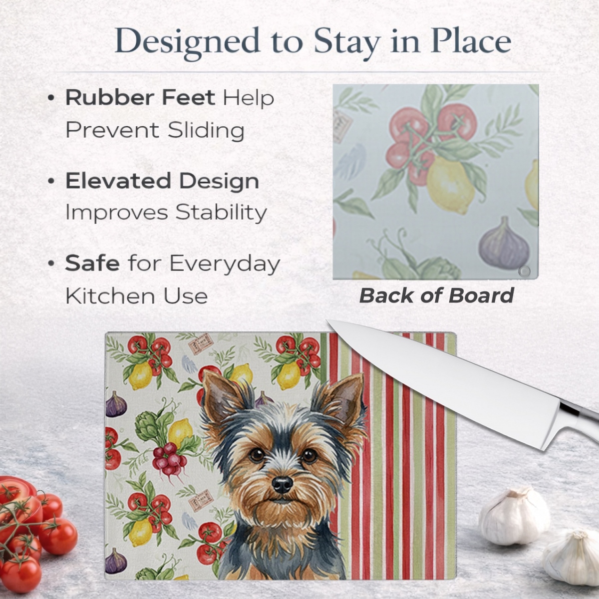 Picture of Carolines Treasures WDK8464LCB 11.25 x 15.25 in. Blue & Tan Yorkshire Terrier Vegetables Glass Cutting Board