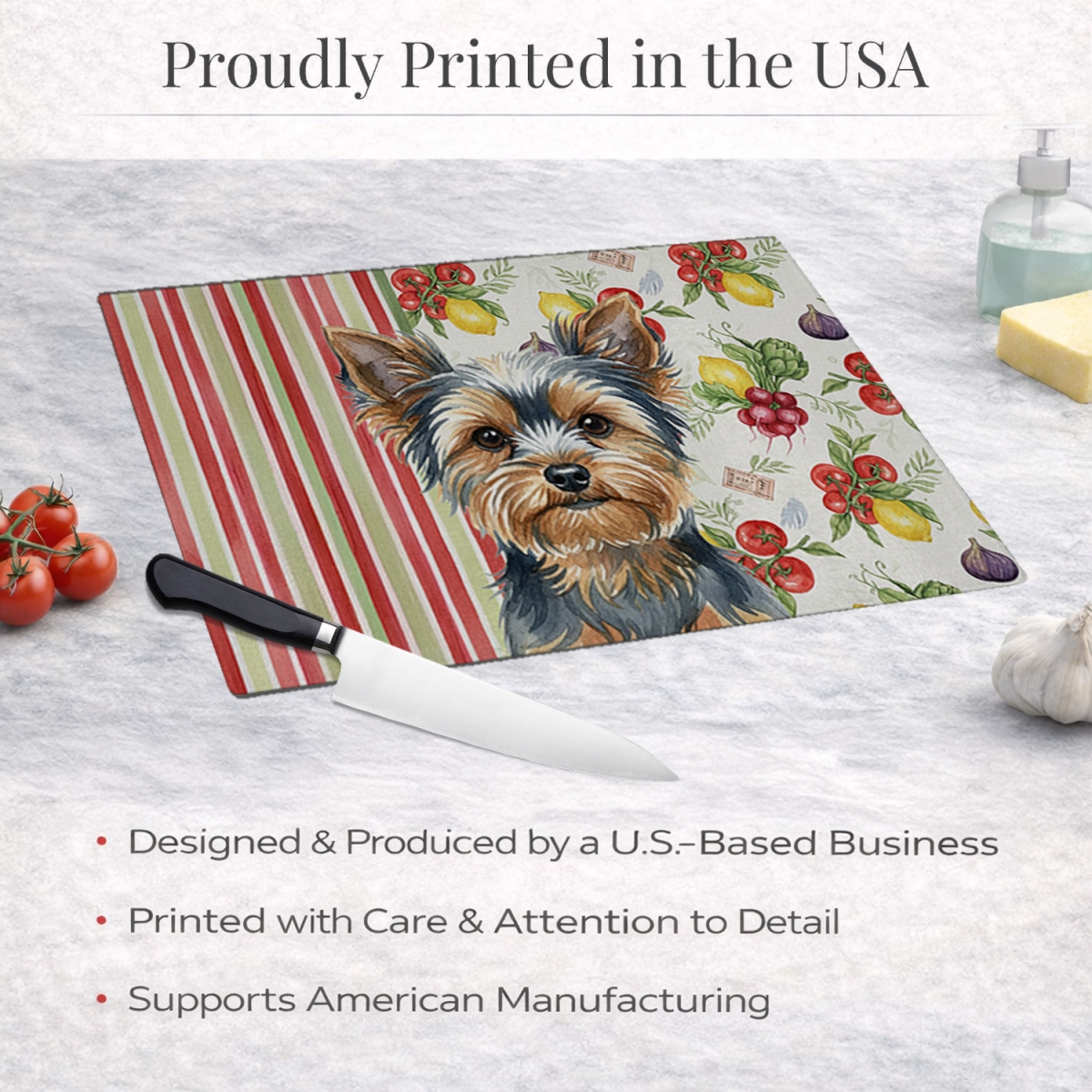 Picture of Carolines Treasures WDK8464LCB 11.25 x 15.25 in. Blue & Tan Yorkshire Terrier Vegetables Glass Cutting Board