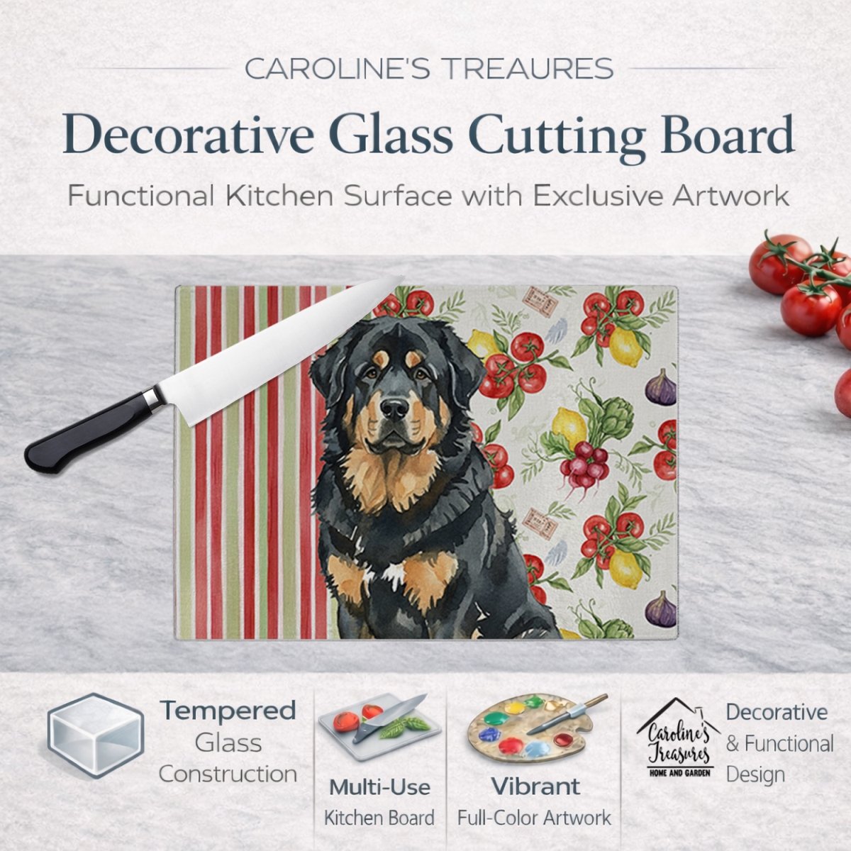Picture of Carolines Treasures WDK8434LCB 11.25 x 15.25 in. Black & Tan Tibetan Mastiff Vegetables Glass Cutting Board
