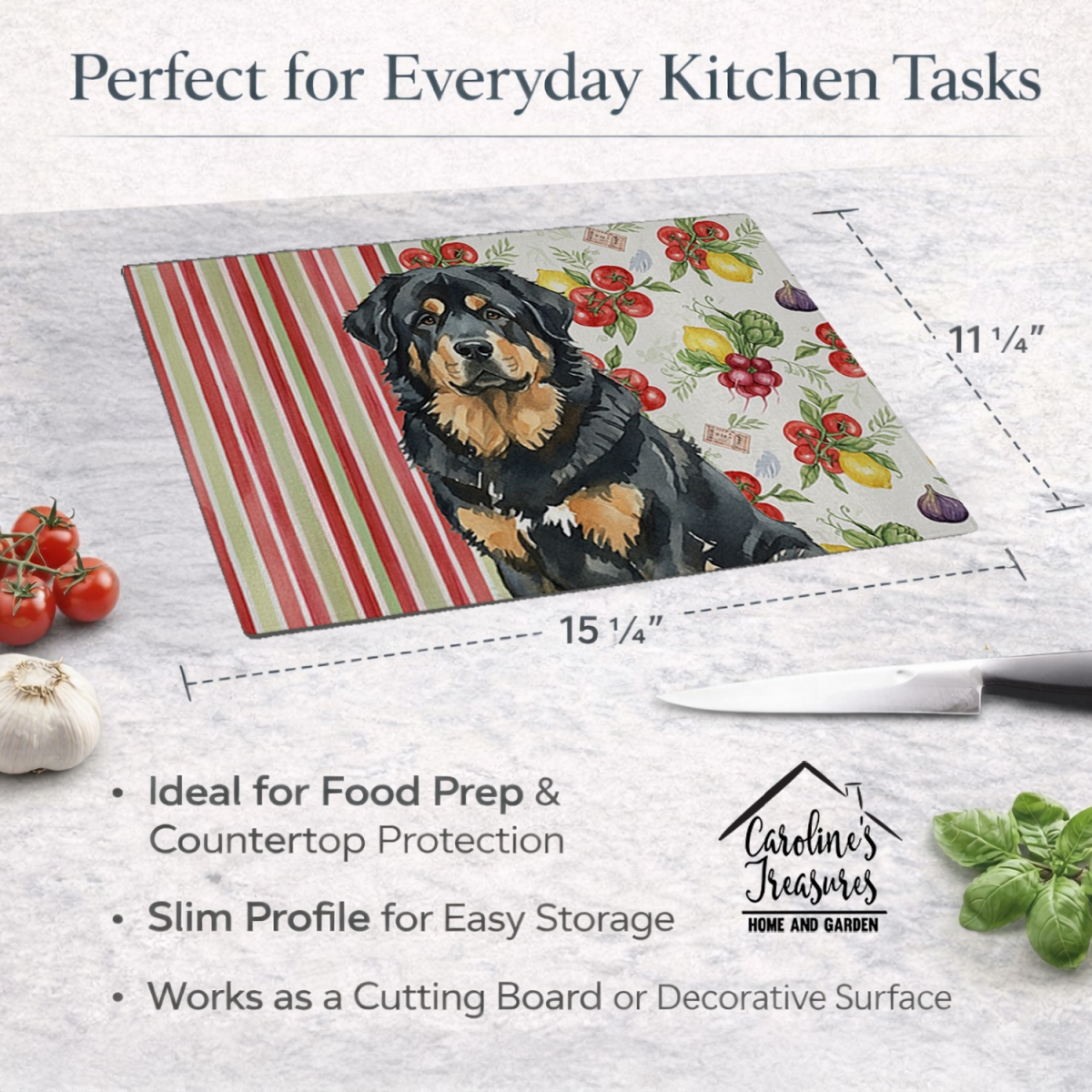 Picture of Carolines Treasures WDK8434LCB 11.25 x 15.25 in. Black & Tan Tibetan Mastiff Vegetables Glass Cutting Board
