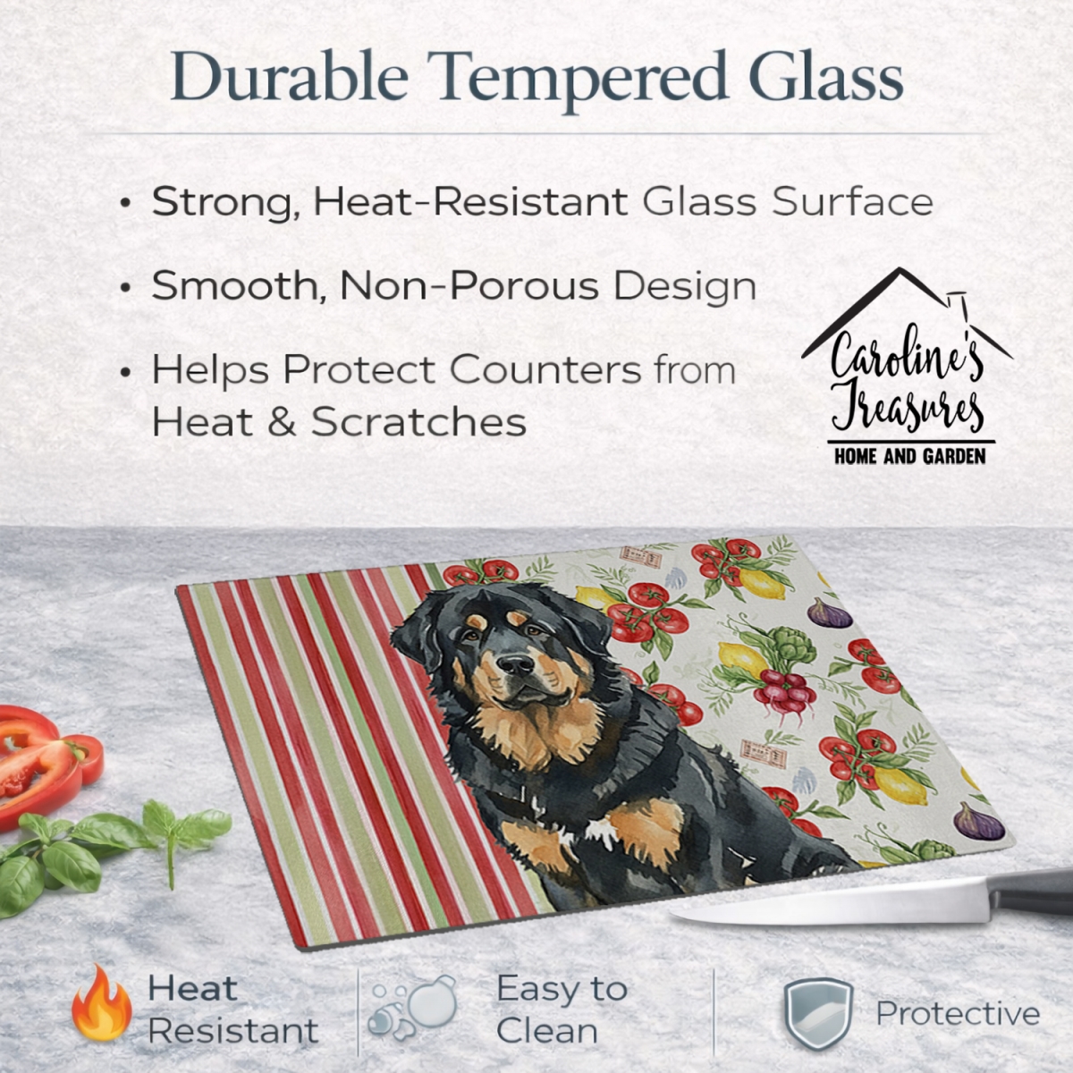 Picture of Carolines Treasures WDK8434LCB 11.25 x 15.25 in. Black & Tan Tibetan Mastiff Vegetables Glass Cutting Board