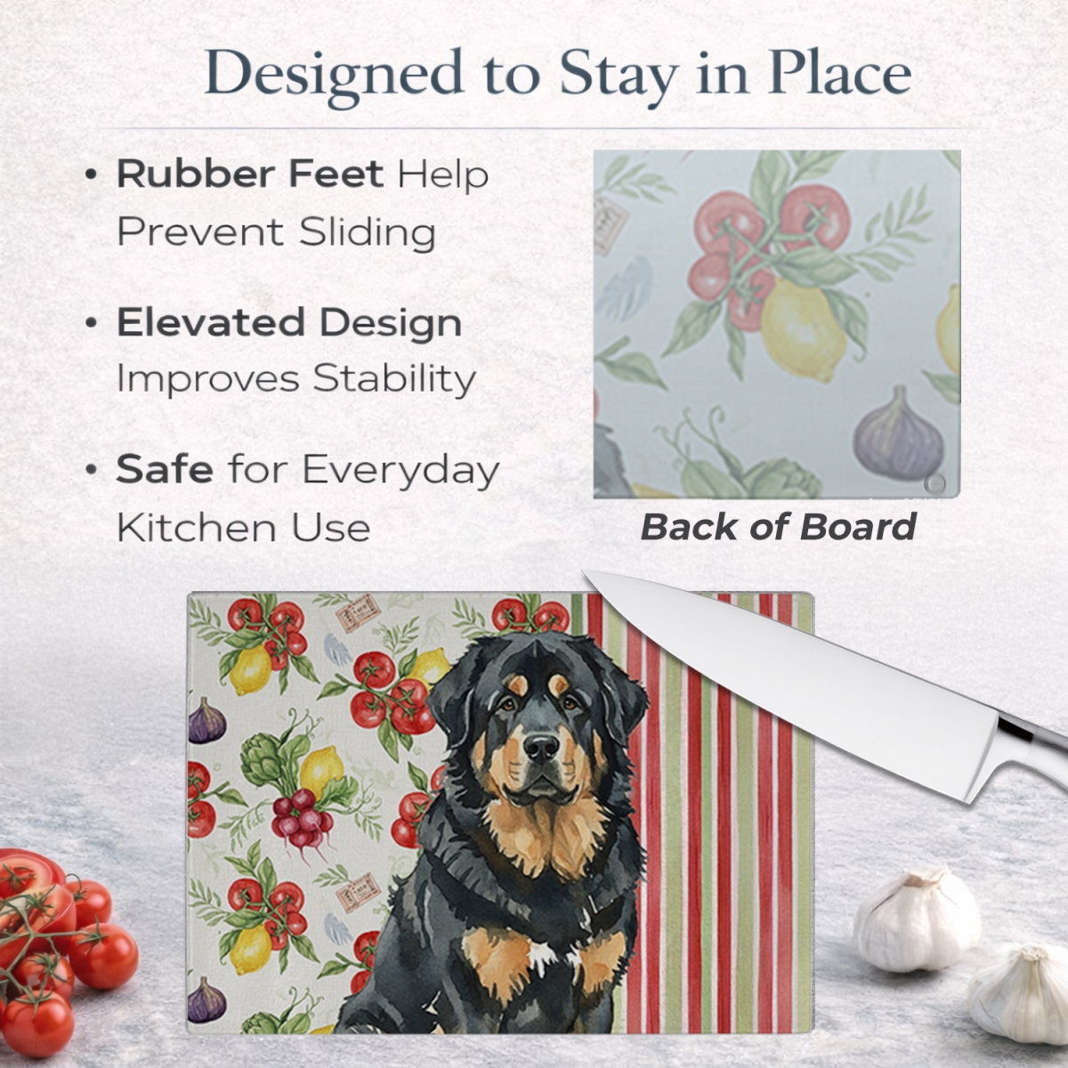 Picture of Carolines Treasures WDK8434LCB 11.25 x 15.25 in. Black & Tan Tibetan Mastiff Vegetables Glass Cutting Board