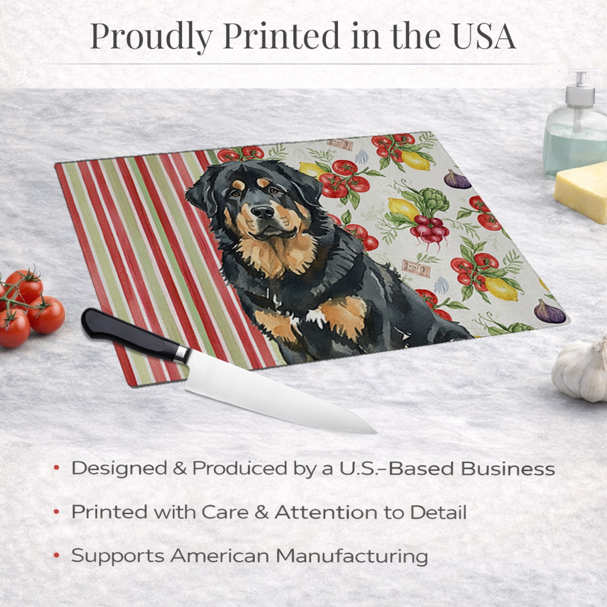 Picture of Carolines Treasures WDK8434LCB 11.25 x 15.25 in. Black & Tan Tibetan Mastiff Vegetables Glass Cutting Board