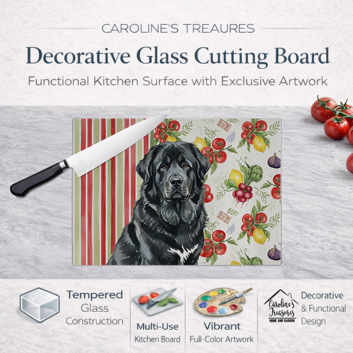 Picture of Carolines Treasures WDK8435LCB 11.25 x 15.25 in. Black Tibetan Mastiff Vegetables Glass Cutting Board