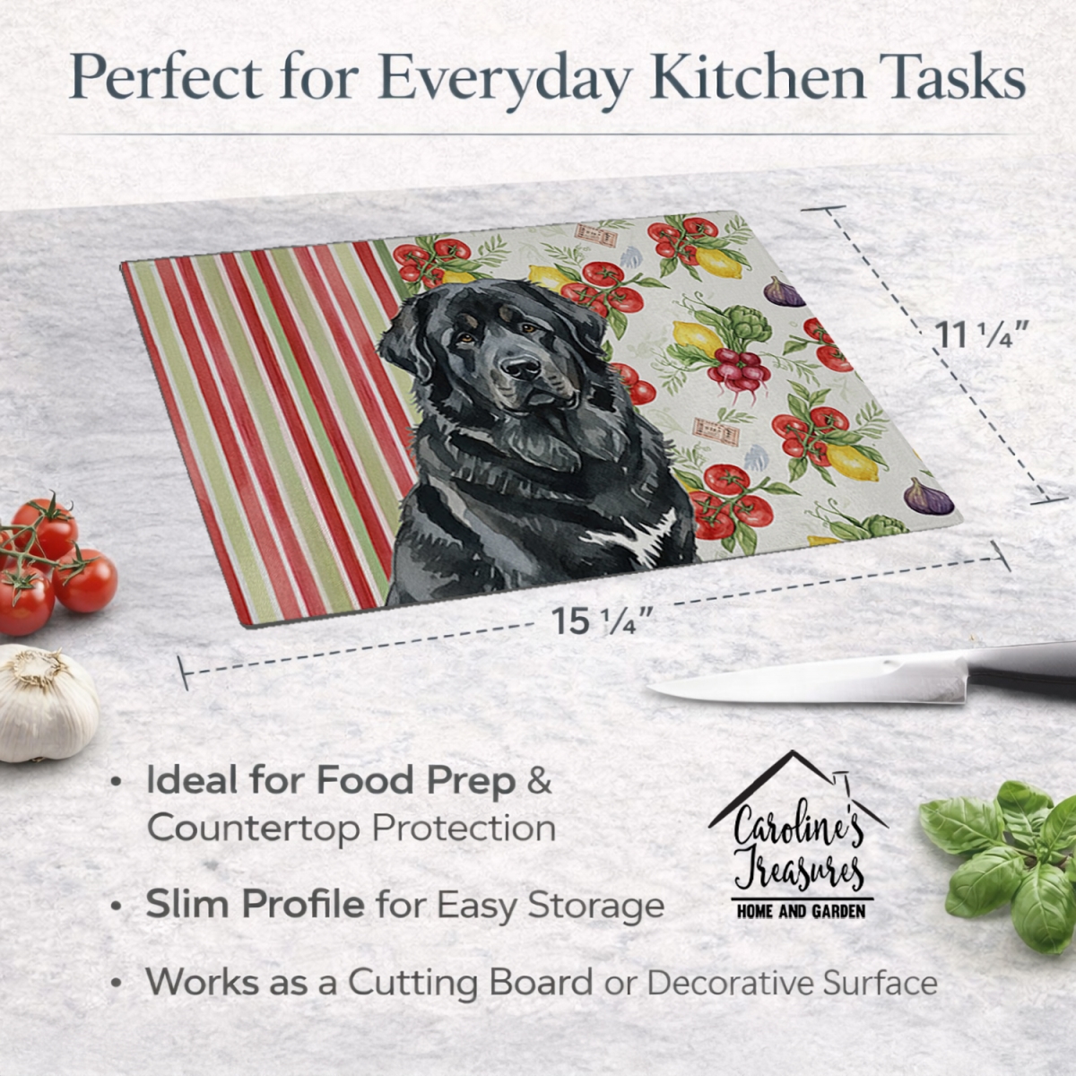 Picture of Carolines Treasures WDK8435LCB 11.25 x 15.25 in. Black Tibetan Mastiff Vegetables Glass Cutting Board