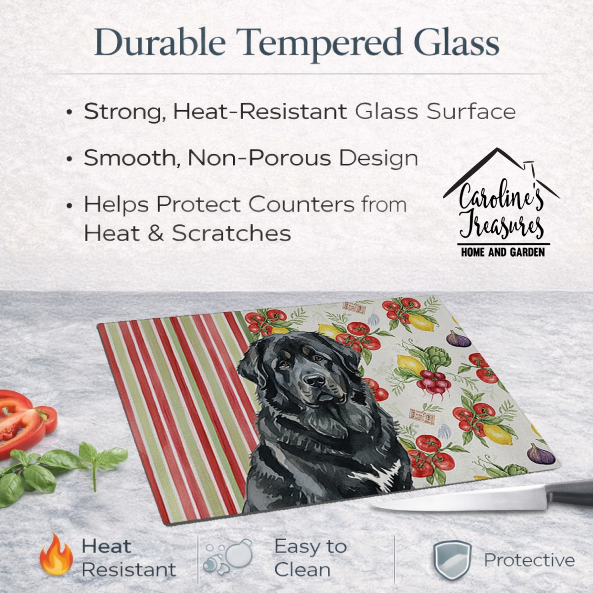 Picture of Carolines Treasures WDK8435LCB 11.25 x 15.25 in. Black Tibetan Mastiff Vegetables Glass Cutting Board