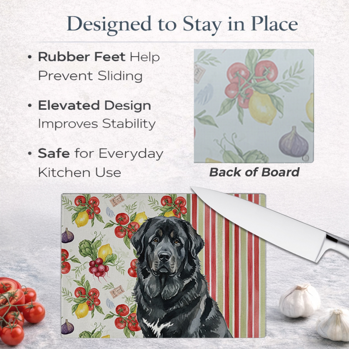 Picture of Carolines Treasures WDK8435LCB 11.25 x 15.25 in. Black Tibetan Mastiff Vegetables Glass Cutting Board