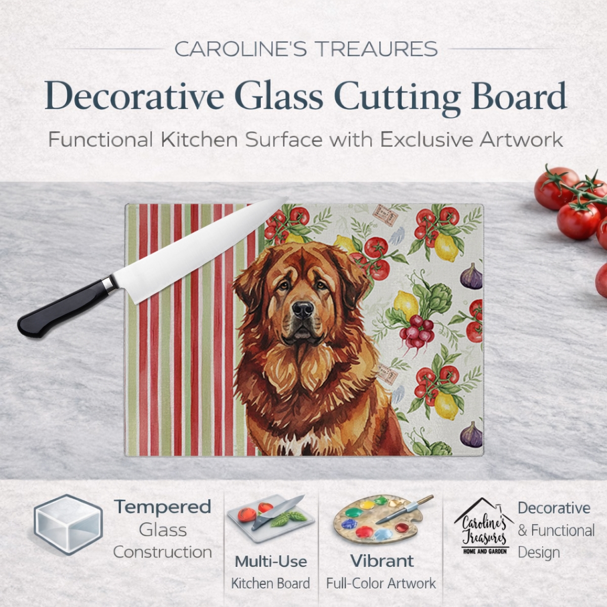Picture of Carolines Treasures WDK8436LCB 11.25 x 15.25 in. Red Gold Tibetan Mastiff Vegetables Glass Cutting Board