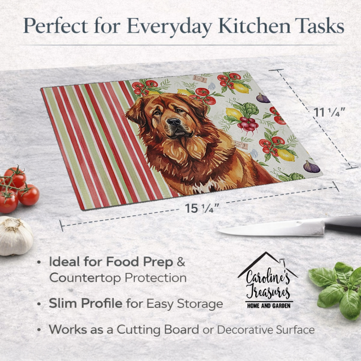 Picture of Carolines Treasures WDK8436LCB 11.25 x 15.25 in. Red Gold Tibetan Mastiff Vegetables Glass Cutting Board