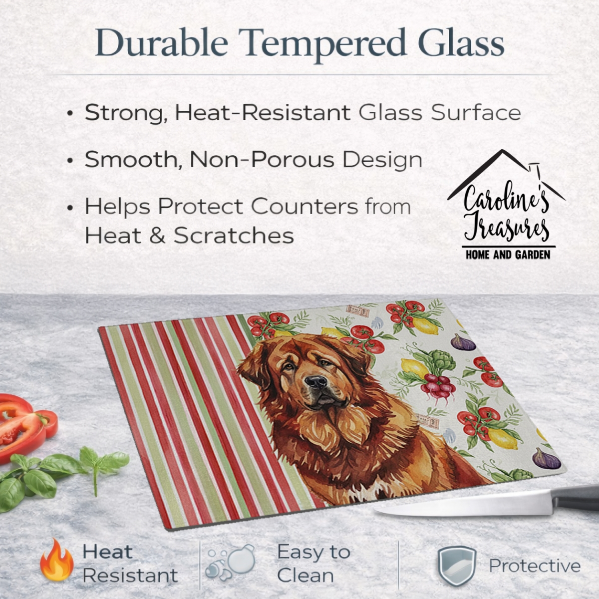 Picture of Carolines Treasures WDK8436LCB 11.25 x 15.25 in. Red Gold Tibetan Mastiff Vegetables Glass Cutting Board