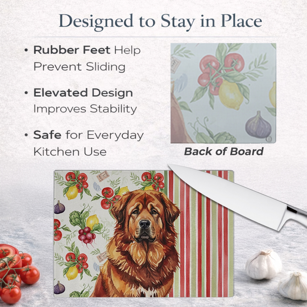 Picture of Carolines Treasures WDK8436LCB 11.25 x 15.25 in. Red Gold Tibetan Mastiff Vegetables Glass Cutting Board