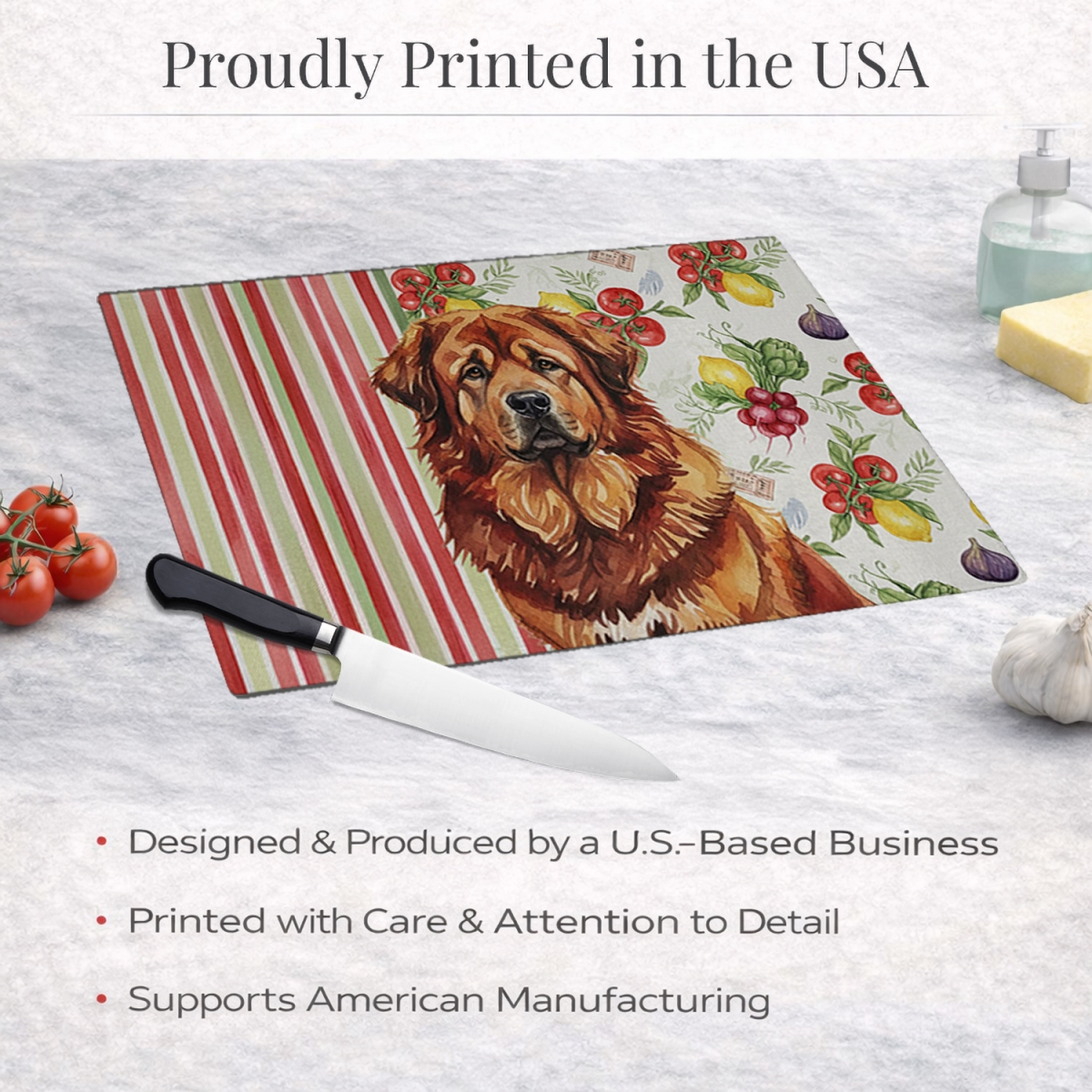 Picture of Carolines Treasures WDK8436LCB 11.25 x 15.25 in. Red Gold Tibetan Mastiff Vegetables Glass Cutting Board