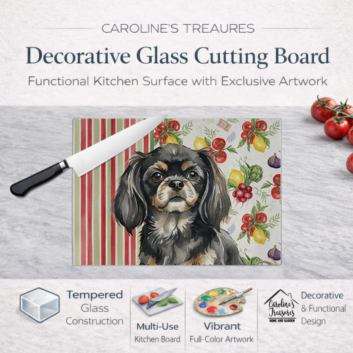 Picture of Carolines Treasures WDK8437LCB 11.25 x 15.25 in. Black & Tan Tibetan Spaniel Vegetables Glass Cutting Board