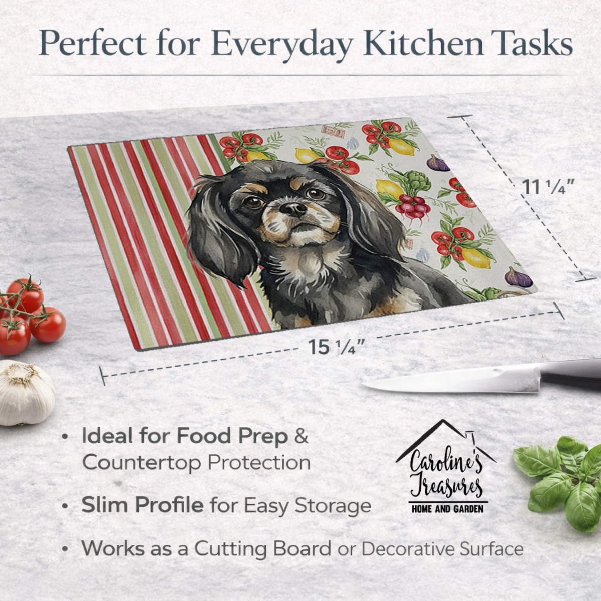 Picture of Carolines Treasures WDK8437LCB 11.25 x 15.25 in. Black & Tan Tibetan Spaniel Vegetables Glass Cutting Board