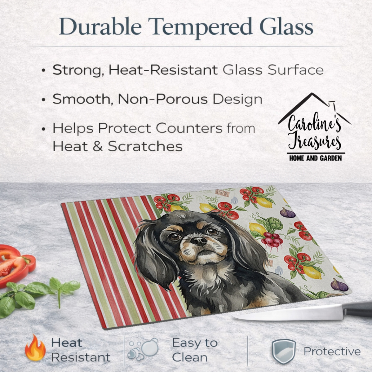 Picture of Carolines Treasures WDK8437LCB 11.25 x 15.25 in. Black & Tan Tibetan Spaniel Vegetables Glass Cutting Board