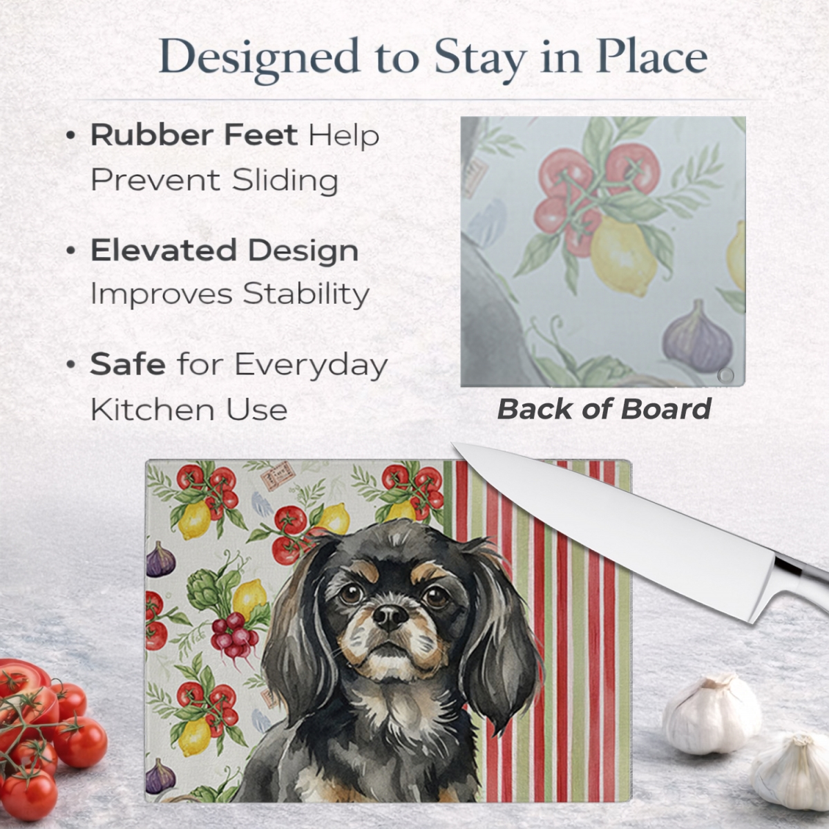 Picture of Carolines Treasures WDK8437LCB 11.25 x 15.25 in. Black & Tan Tibetan Spaniel Vegetables Glass Cutting Board