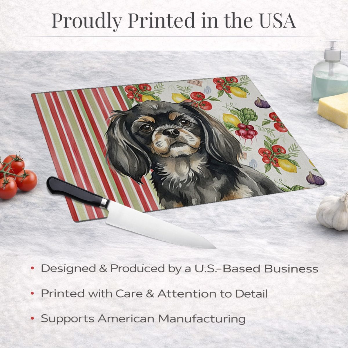 Picture of Carolines Treasures WDK8437LCB 11.25 x 15.25 in. Black & Tan Tibetan Spaniel Vegetables Glass Cutting Board