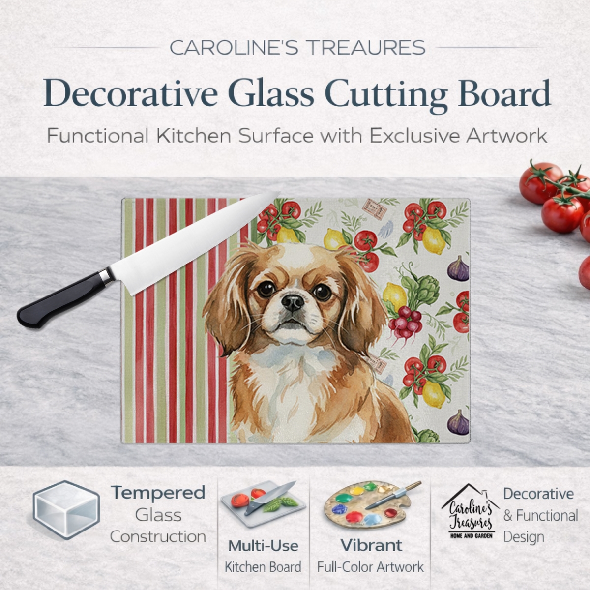 Picture of Carolines Treasures WDK8438LCB 11.25 x 15.25 in. Tibetan Spaniel Vegetables Glass Cutting Board