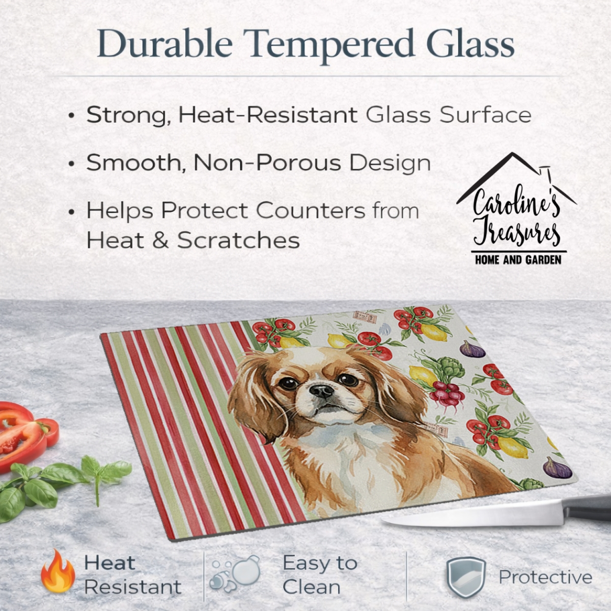 Picture of Carolines Treasures WDK8438LCB 11.25 x 15.25 in. Tibetan Spaniel Vegetables Glass Cutting Board