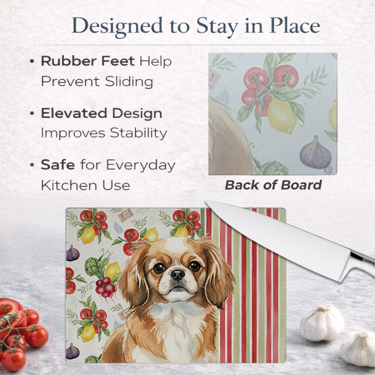Picture of Carolines Treasures WDK8438LCB 11.25 x 15.25 in. Tibetan Spaniel Vegetables Glass Cutting Board