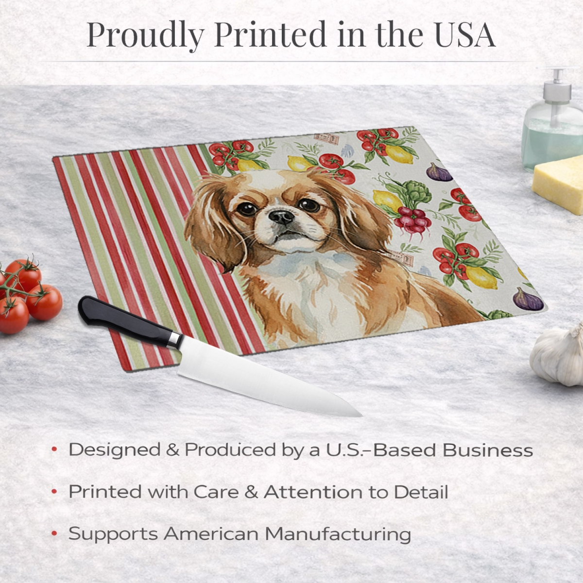 Picture of Carolines Treasures WDK8438LCB 11.25 x 15.25 in. Tibetan Spaniel Vegetables Glass Cutting Board