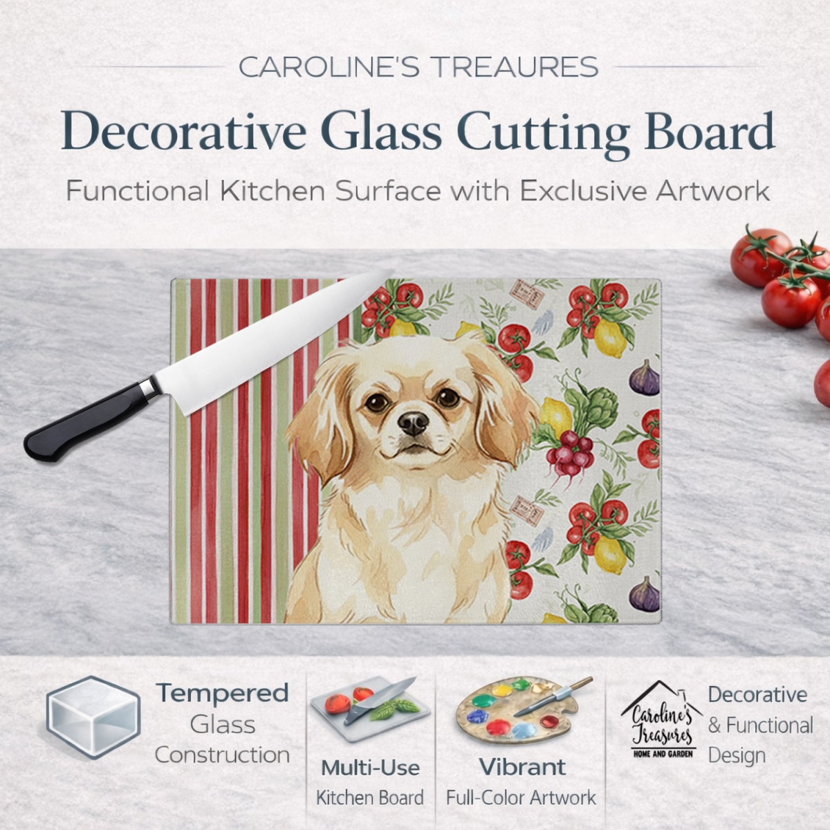 Picture of Carolines Treasures WDK8439LCB 11.25 x 15.25 in. Cream Tibetan Spaniel Vegetables Glass Cutting Board