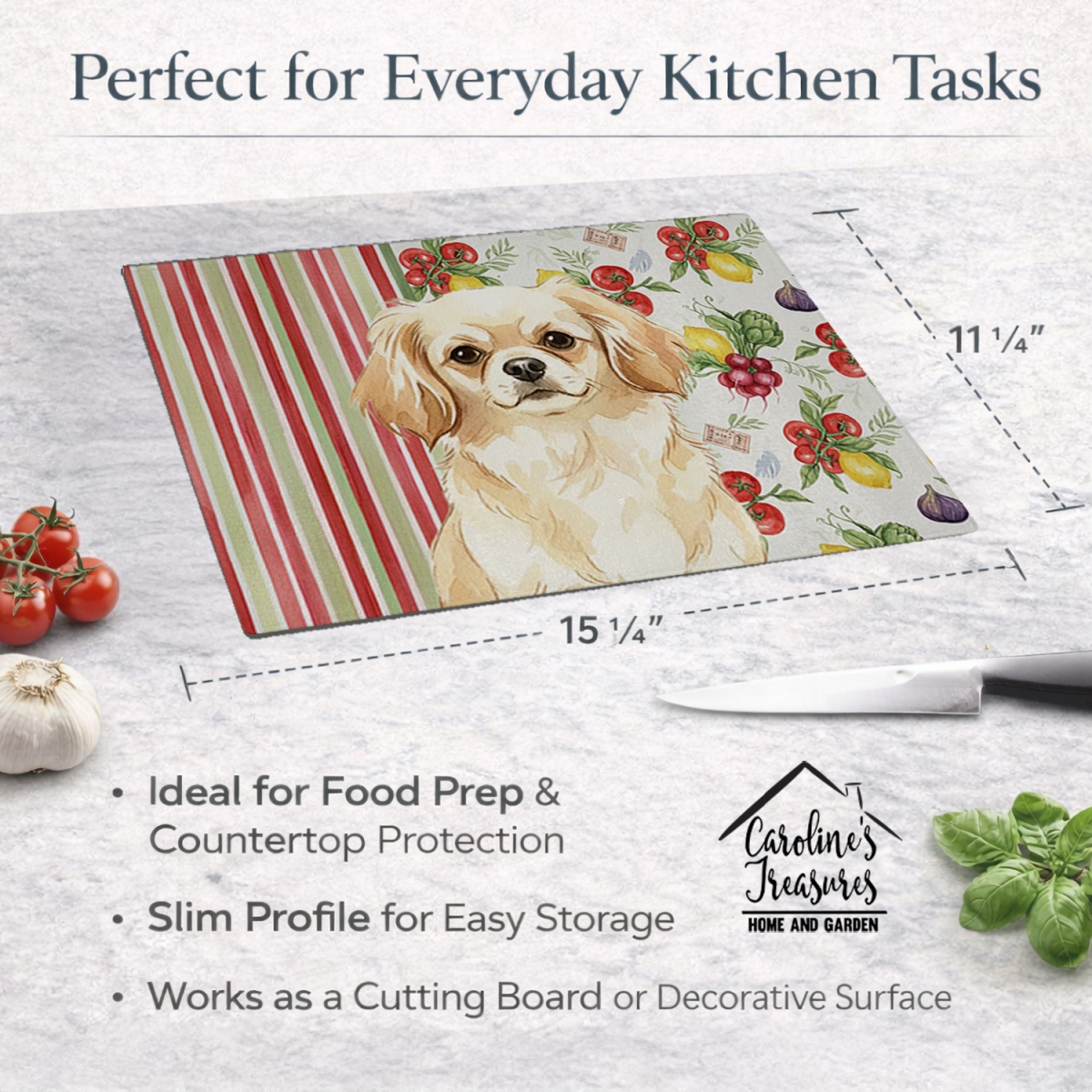 Picture of Carolines Treasures WDK8439LCB 11.25 x 15.25 in. Cream Tibetan Spaniel Vegetables Glass Cutting Board