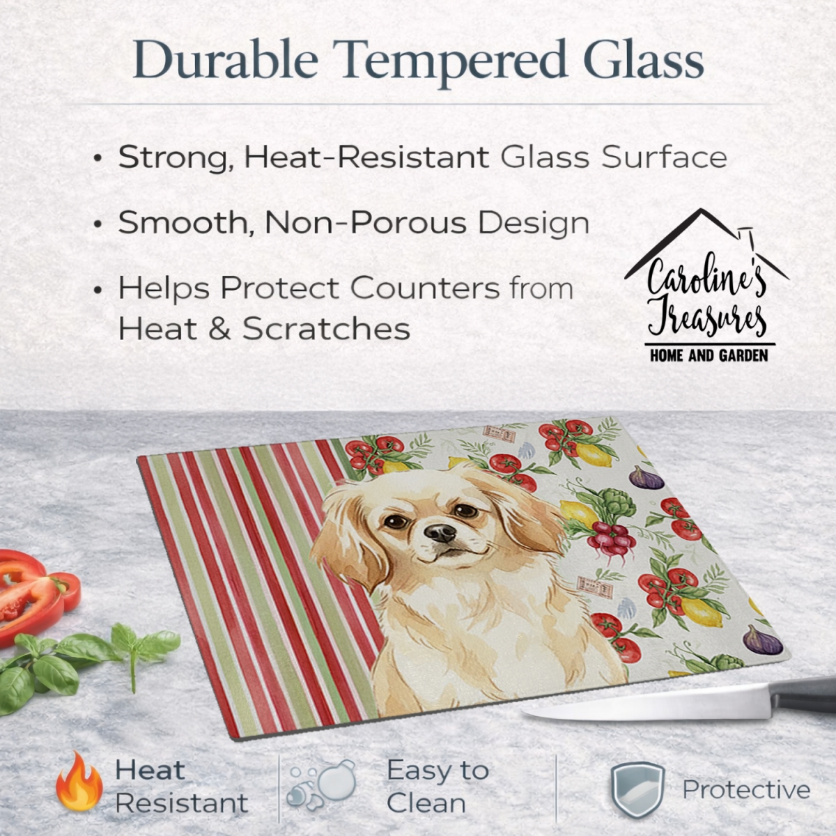 Picture of Carolines Treasures WDK8439LCB 11.25 x 15.25 in. Cream Tibetan Spaniel Vegetables Glass Cutting Board