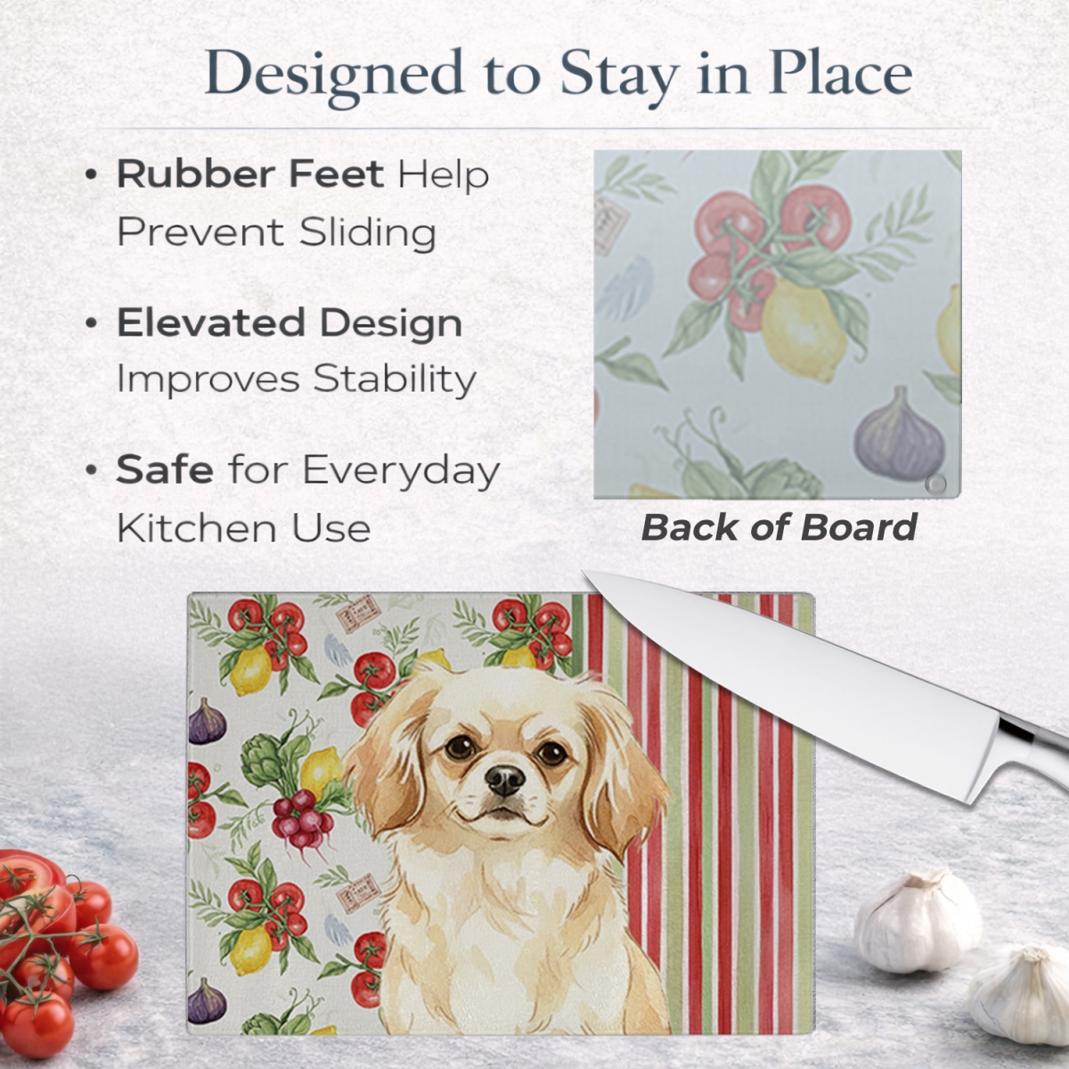Picture of Carolines Treasures WDK8439LCB 11.25 x 15.25 in. Cream Tibetan Spaniel Vegetables Glass Cutting Board