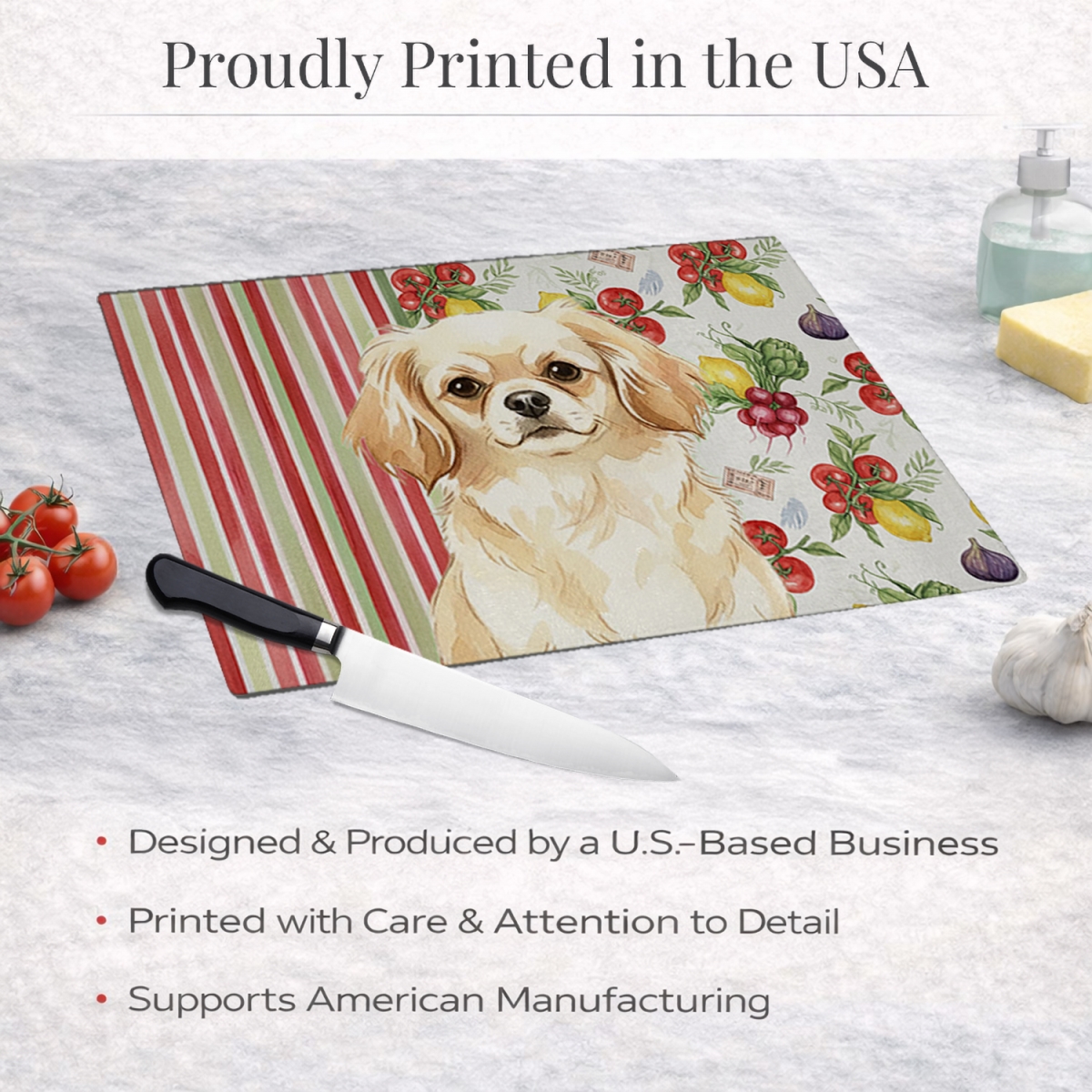 Picture of Carolines Treasures WDK8439LCB 11.25 x 15.25 in. Cream Tibetan Spaniel Vegetables Glass Cutting Board