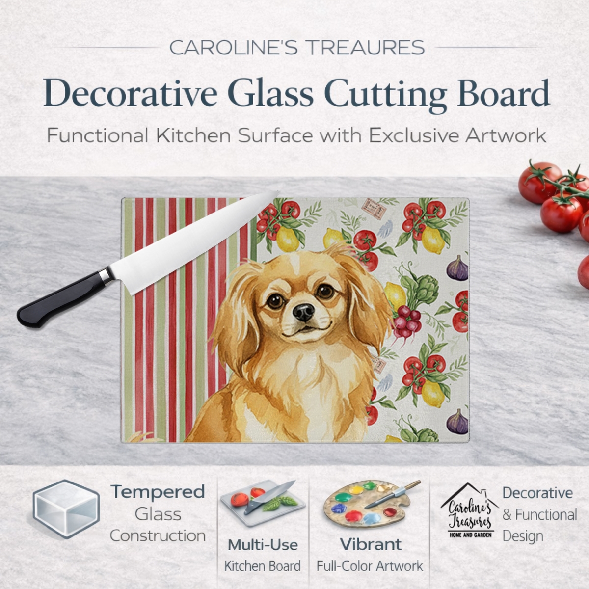 Picture of Carolines Treasures WDK8440LCB 11.25 x 15.25 in. Gold Tibetan Spaniel Vegetables Glass Cutting Board