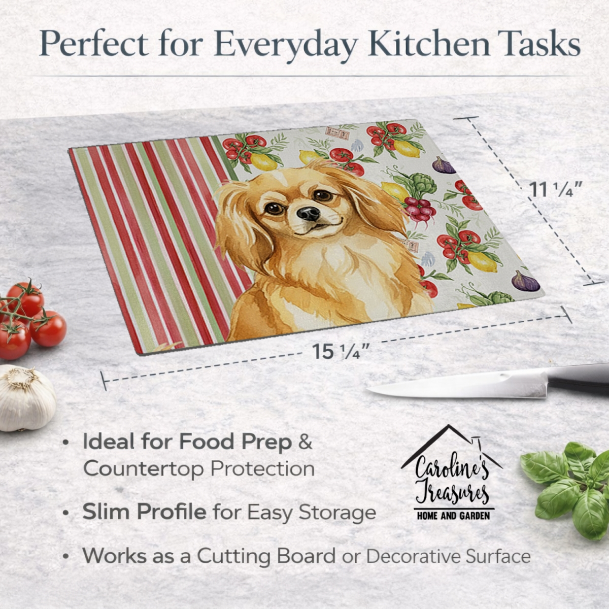 Picture of Carolines Treasures WDK8440LCB 11.25 x 15.25 in. Gold Tibetan Spaniel Vegetables Glass Cutting Board