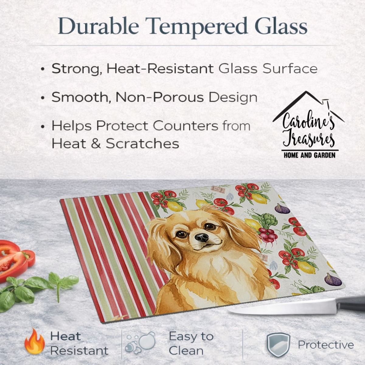 Picture of Carolines Treasures WDK8440LCB 11.25 x 15.25 in. Gold Tibetan Spaniel Vegetables Glass Cutting Board