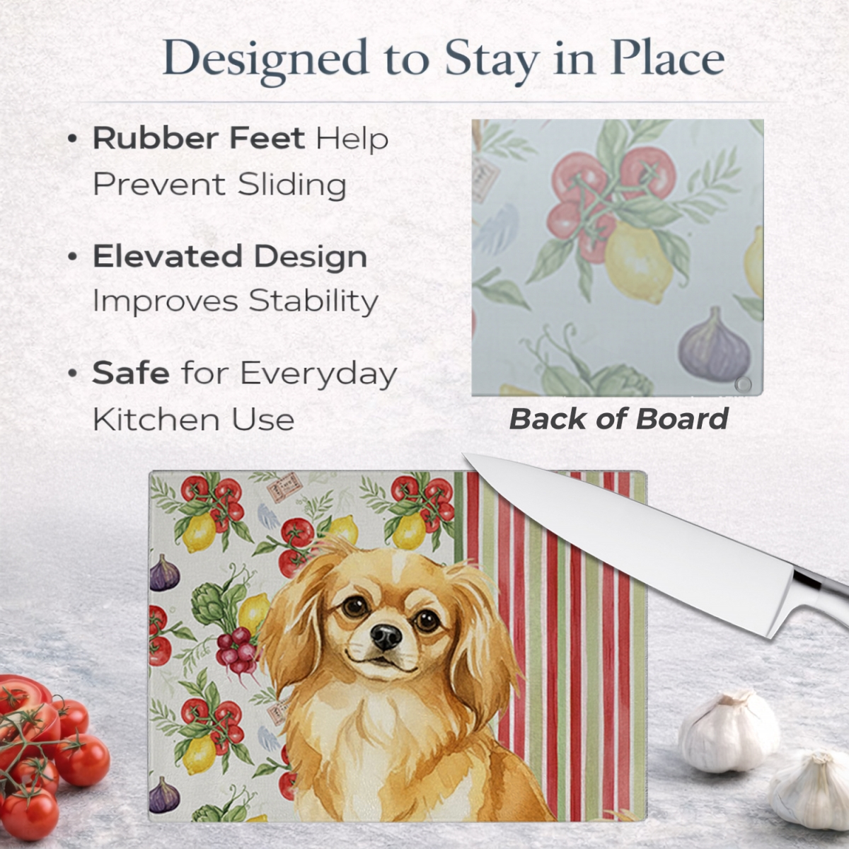 Picture of Carolines Treasures WDK8440LCB 11.25 x 15.25 in. Gold Tibetan Spaniel Vegetables Glass Cutting Board