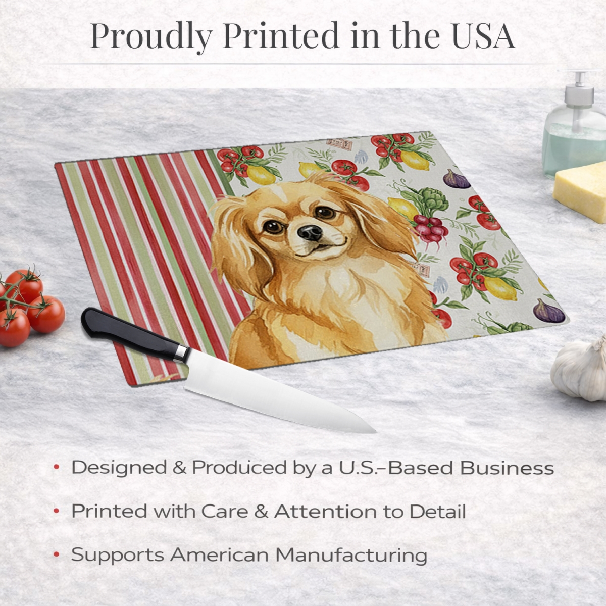 Picture of Carolines Treasures WDK8440LCB 11.25 x 15.25 in. Gold Tibetan Spaniel Vegetables Glass Cutting Board