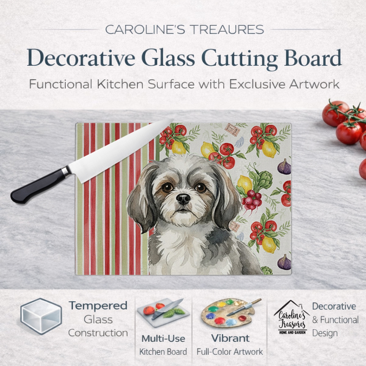Picture of Carolines Treasures WDK8441LCB 11.25 x 15.25 in. Gray & White Tibetan Spaniel Vegetables Glass Cutting Board
