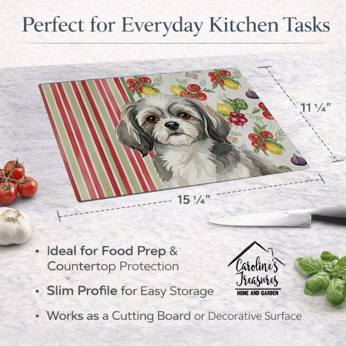 Picture of Carolines Treasures WDK8441LCB 11.25 x 15.25 in. Gray & White Tibetan Spaniel Vegetables Glass Cutting Board