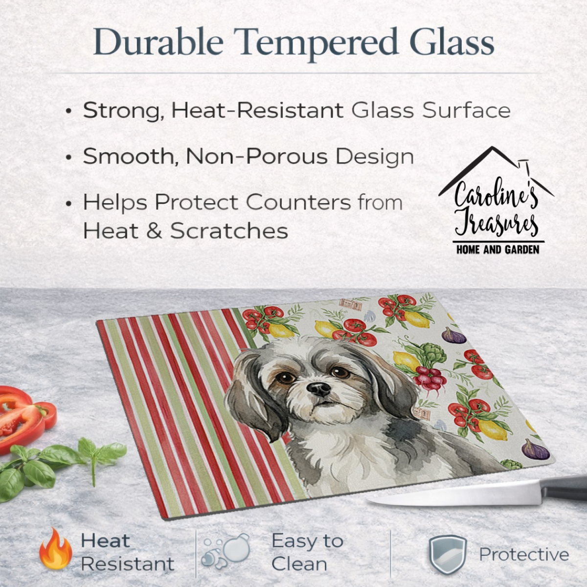 Picture of Carolines Treasures WDK8441LCB 11.25 x 15.25 in. Gray & White Tibetan Spaniel Vegetables Glass Cutting Board