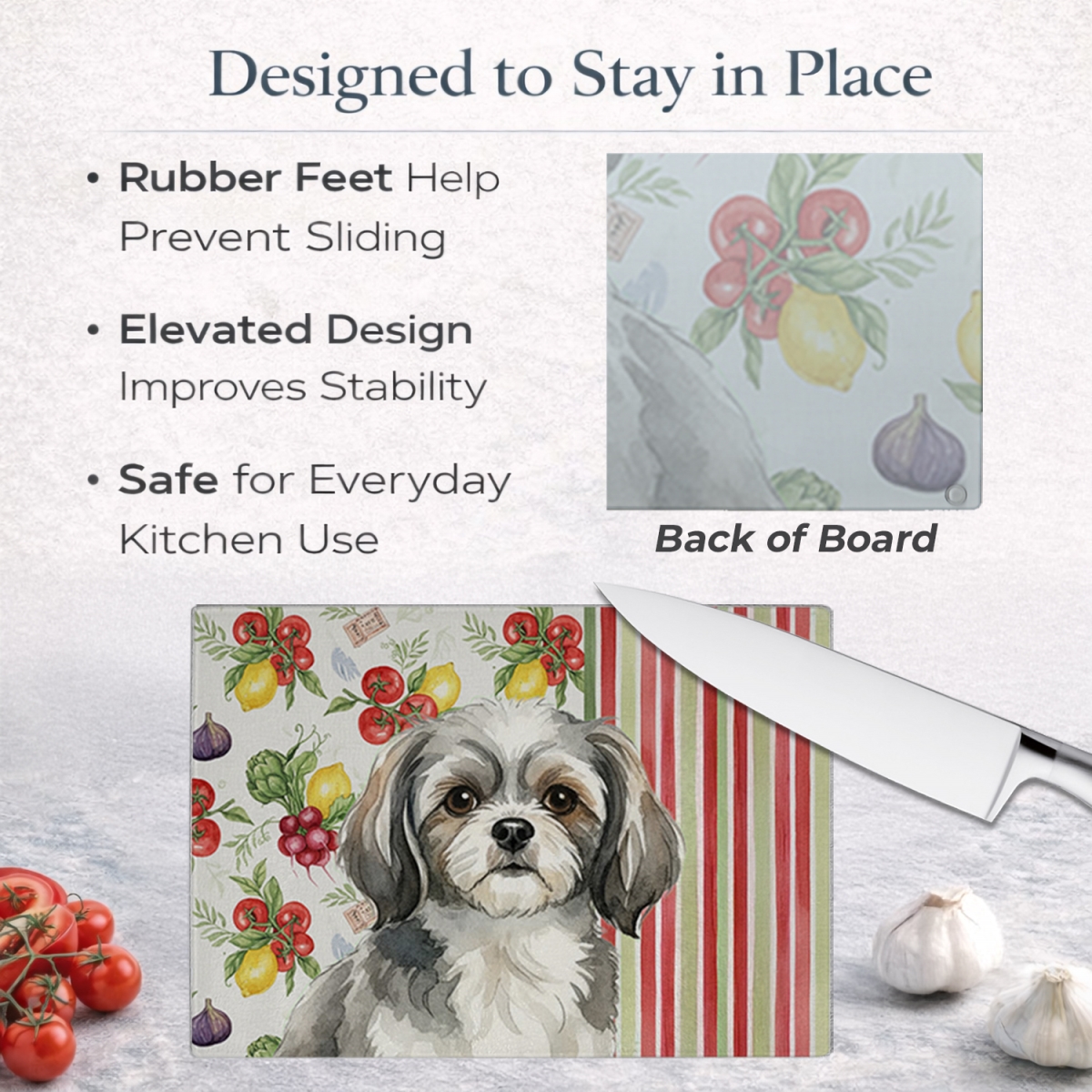 Picture of Carolines Treasures WDK8441LCB 11.25 x 15.25 in. Gray & White Tibetan Spaniel Vegetables Glass Cutting Board