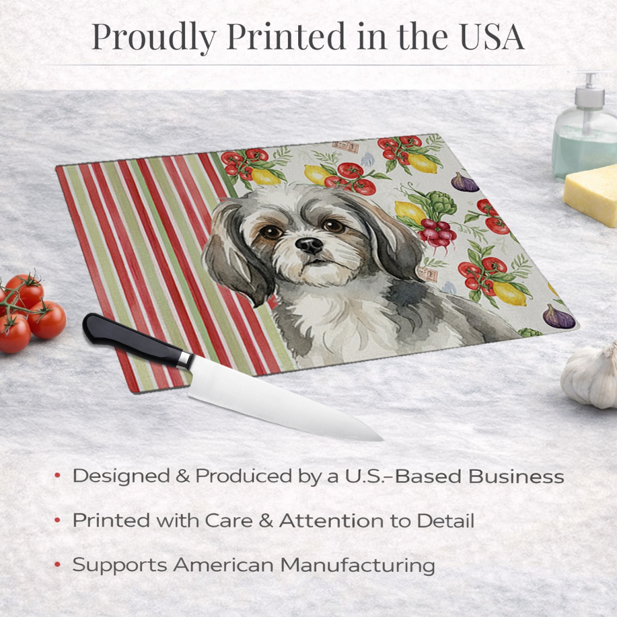 Picture of Carolines Treasures WDK8441LCB 11.25 x 15.25 in. Gray & White Tibetan Spaniel Vegetables Glass Cutting Board