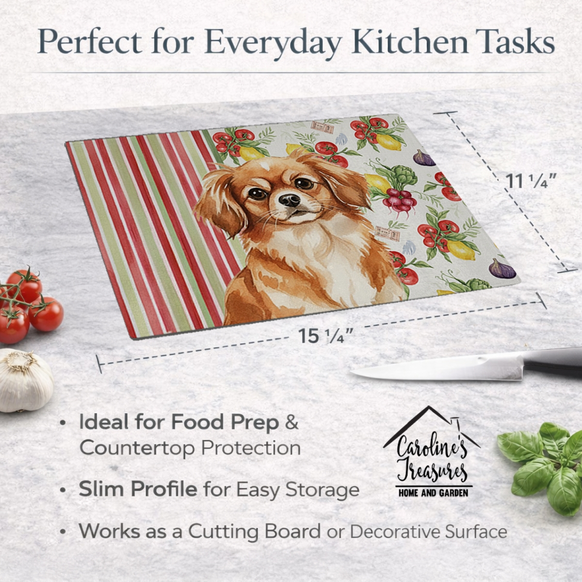 Picture of Carolines Treasures WDK8442LCB 11.25 x 15.25 in. Red Tibetan Spaniel Vegetables Glass Cutting Board